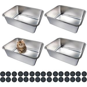 4 Pcs Large Stainless Steel Litter Box 17.7" X 13.8" X 5.9" Metal Cat Litter Box with 30 Pcs Non-Slip Gaskets Large Litter Pan for Cat Kitties No Smell Non Stick Pet Toilet Supplies