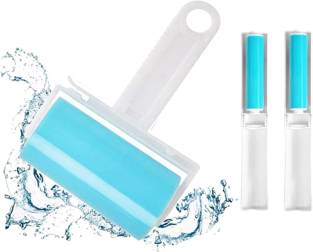 Sticky Lint Roller 3 Pack, Reusable Washable Lint Roller Pet Hair Remover Include Large and Small Size Cleaner for Clothes, Pet Hairs, Carseats (1M-2S, Blue)