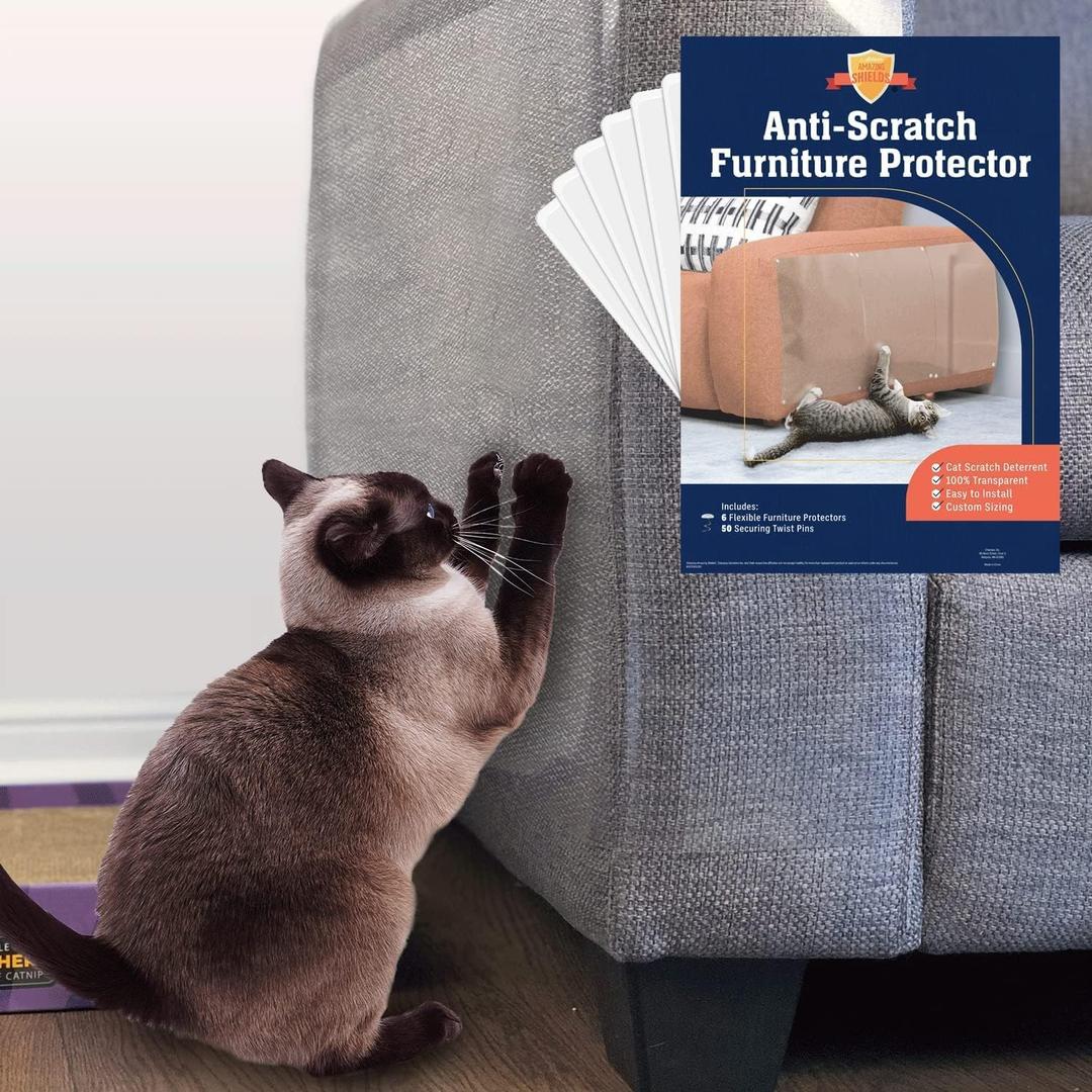 6 Pack XL Anti Cat Scratch Furniture Protector - Couch Protector from Cat Claws w/Twist Pins - Heavy Duty, Strong, Clear, Easy-to-Apply Scratching Deterrent and Shield for Sofa