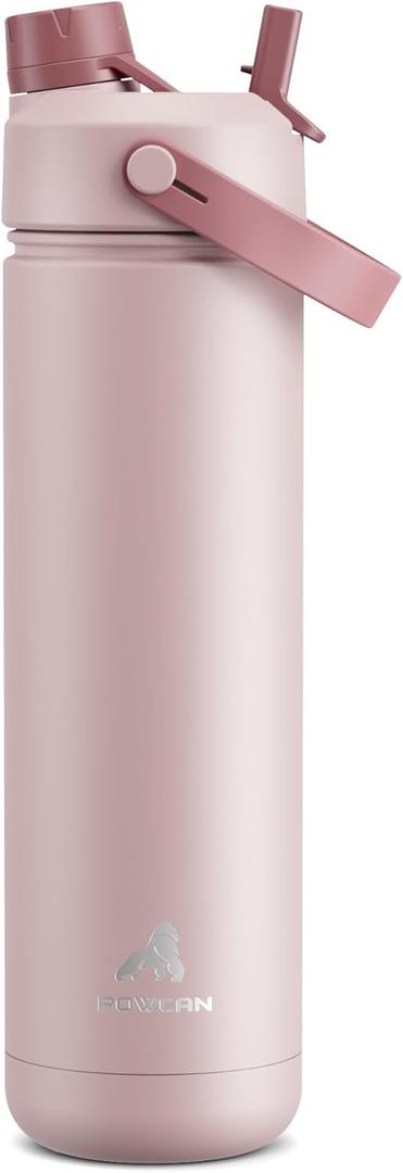 POWCAN 26 oz Insulated Water Bottle with 2-in-1 Straw and Spout Lid, Keep Cold 24H, Leak-Proof, Fits in Car Cup Holder, Stainless Steel Water Bottle for Sports, Travel, Gym, and School (Dried Rose)