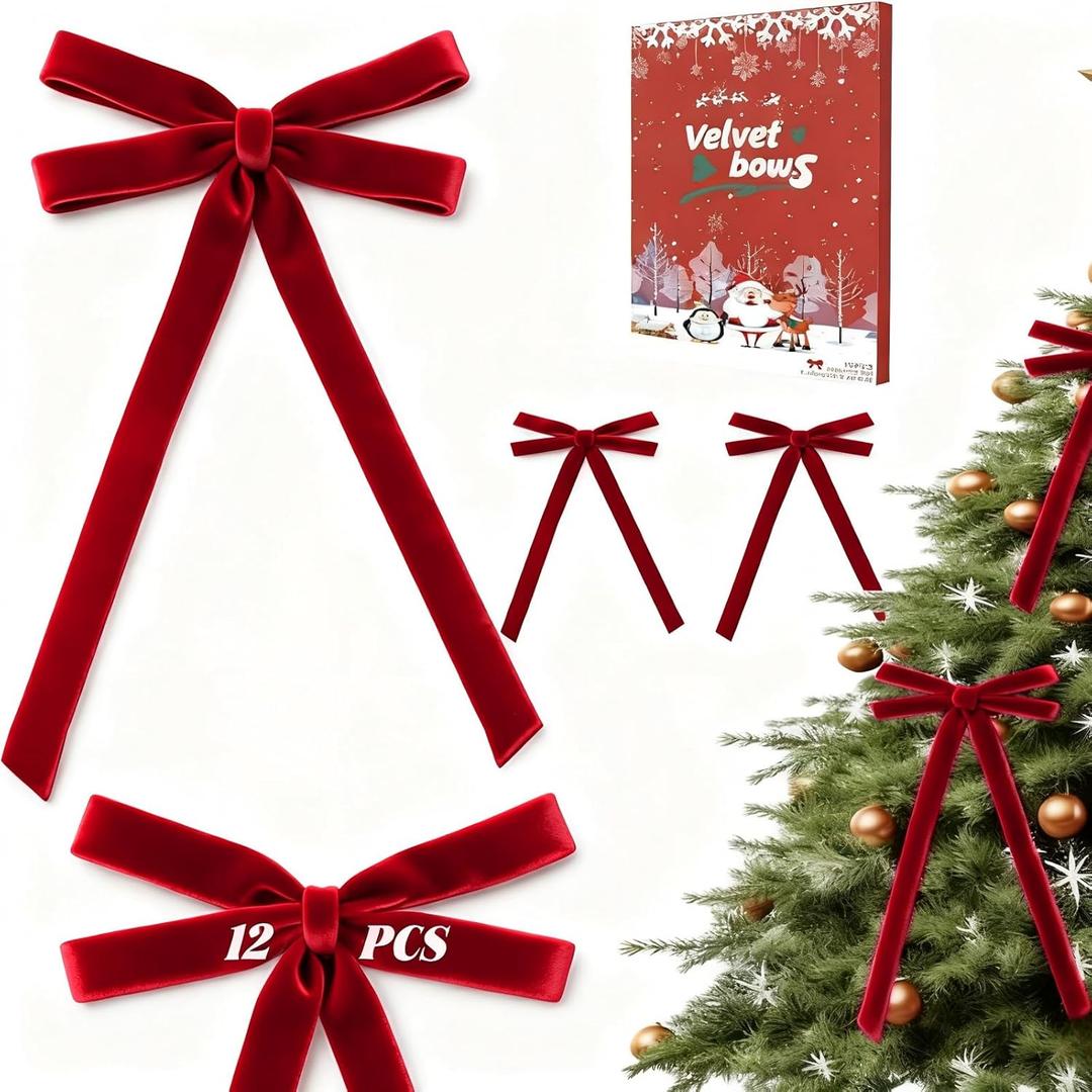 12 Pcs Red Velvet Bows for Christmas Tree, Rustic Crafts Velvet Ribbon for Wreath, Xmas Home Decor, Wedding, Outdoor & Indoor Holiday Ornaments, Pre-Formed Bows (7.817.7 Inch)