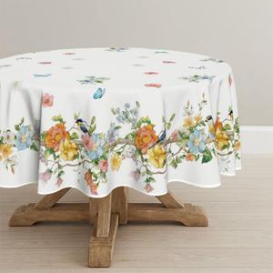 Horaldaily Spring Tablecloth 60×60 Inch Round, Fine Brushwork Colorful Rosa Multiflora Bird Butterfly Vine Washable Seasonal Table Cover for Party Picnic Dinner Decor