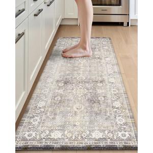 DEXI Kitchen Floor Mats Cushioned Anti Fatigue, 23x59 Long Wide Standing Comfort Runner Rug, Waterproof Retro Floral Memory Foam Padded for Front Sink Laundry, Beige Grey