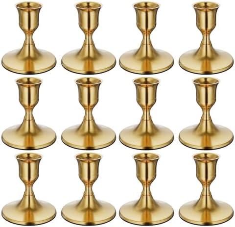 Zeochyni 12PCS Brass Gold Taper Candle Holders Set, Vintage Metal Candlestick Holders for Dinner Room Table Centerpiece or Mantel Wedding Party Decor