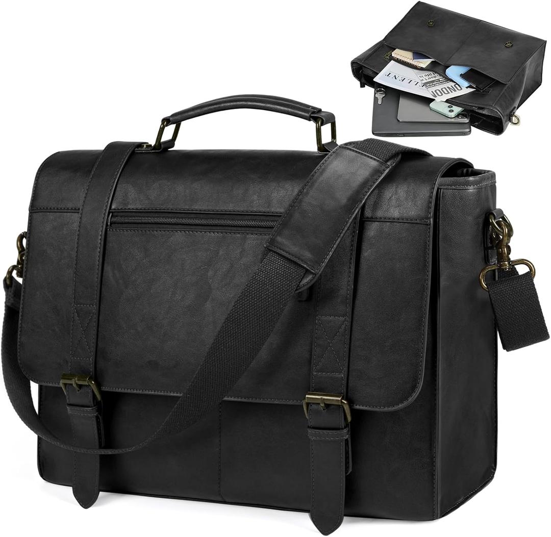 RAINSMORE Messenger Bag for Men 15.6 inch Leather Laptop Bag Vintage Waterproof Satchel Computer Briefcase for Office Work (Black)