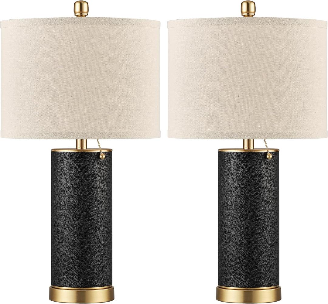 KDG 23.4" Black PU Leather Table Lamps for Living Room Set of 2, E26 Socket LED Modern Home Decor Fabric Lampshade Desk Lamp Lighitng for Bedroom, Bedside, Farmhouse, Nightstand, Night Light