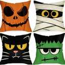 Halloween Jack O Lantern Decorative Throw Pillow Covers 16 x 16 Set of 4, Spooky Face Mummy Black Cat Fran.kens-tein Cushion Case Decor, Holiday Home Decoration for Sofa Couch