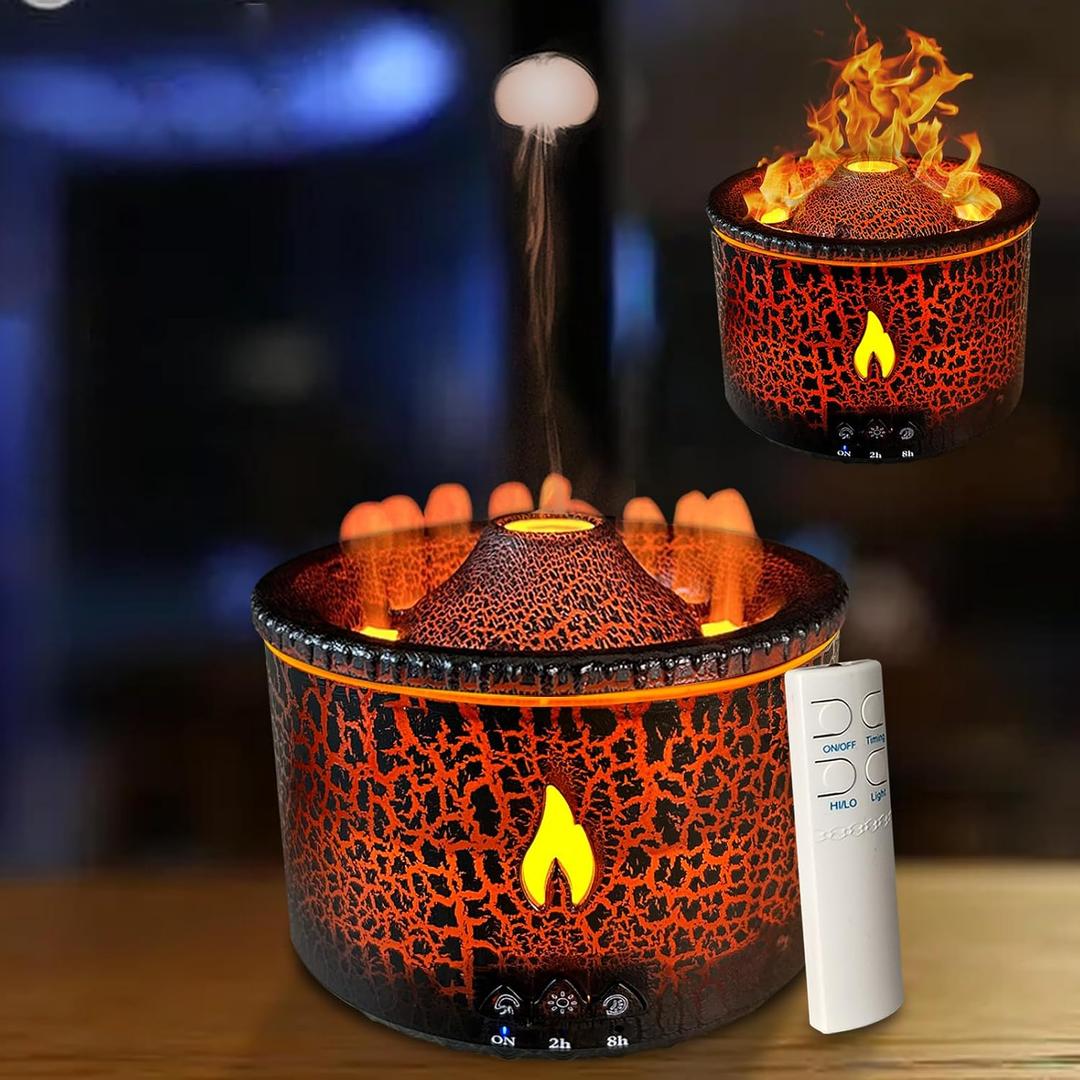Volcano Diffuser, Essential Oil Diffuser 300ml Volcano Humidifier with Flame & Volcano Mist Mode, 2 Colors, Timer, Auto Shut-Off, Remote Control, Flame Diffusers for Home Bedroom Black