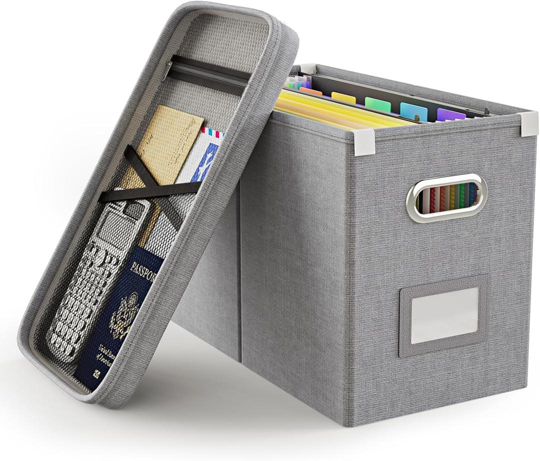 Oterri File Organizer Box with Lid, Hanging Filing File Box with Mesh Pocket, Document Organizer Box for Letter Files, Portable Storage Box with Smooth Sliding Rail for Office & Home(1 PCS, Grey)