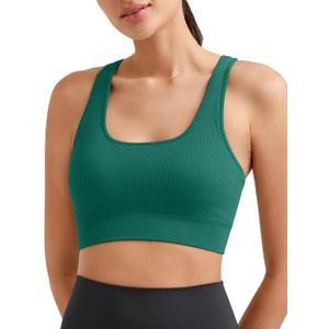 Promover Padded Sports Bras for Women Y-Back Racerback Seamless Medium Supportive Ribbed Yoga Cami Bra (Green, L)