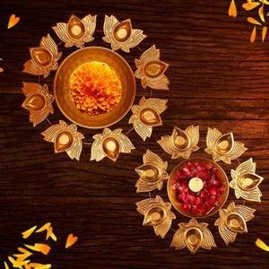 Kalakriti 2 Pcs Metal Flower Decorative Bowl Set |Home Table Decoration |Urli Diya Navratri Pooja HouseWarming Haldi | Indian Diwali Decor Gifts Items, 12 Inch Each Golden