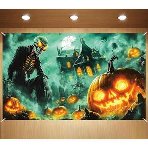 Halloween Photo Backdrop Skeleton Pumpkin Banner Halloween Haunted Castle Scary Party Decorations and Supplies for Home Pack of 2