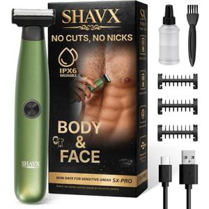 Electric Body Hair Trimmer & Beard Shaver for Men  Pubic & Groin Hair Ball Groomer  Skin-Safe for Sensitive Areas, Chest & Legs  Dual Blade Wet/Dry IPX6 Waterproof, Rechargeable with 3 Guide Combs (Green)