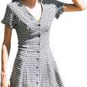 chouyatou Women's Cute Short Sleeve Gingham A Line Mini Dress Plaid Button Down Ruffle Short Shirt Dress Large