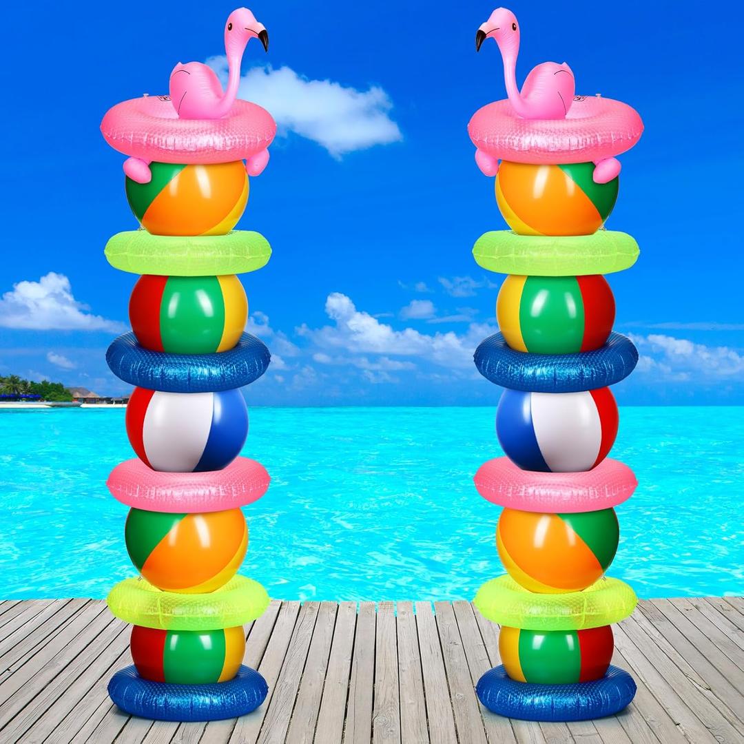 Lunmon 24 Pcs Beach Ball Party Kit 10 Pcs 16 Inch Beach Balls 12 Swimming Ring 2 Inflatable Pool Toys Rainbow Color Floats Tower for Summer Theme Party Decorations