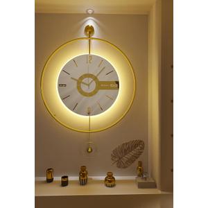 Large Luxury LED Backlit Wall Clock – Pendulum Roman Numeral Metal Ring, Silent Non-Ticking Decorative Clock for Living Room Bedroom Entryway, Modern Halo Glow (Elit Gold)