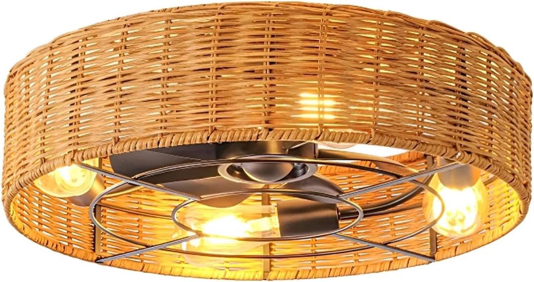 Ventilador de Techo Low Profile Ceiling Fan ABS Fan Blade Timer Reversible 6-Speed Motor 4 E27 Bulbs Not Included (50*17cm)