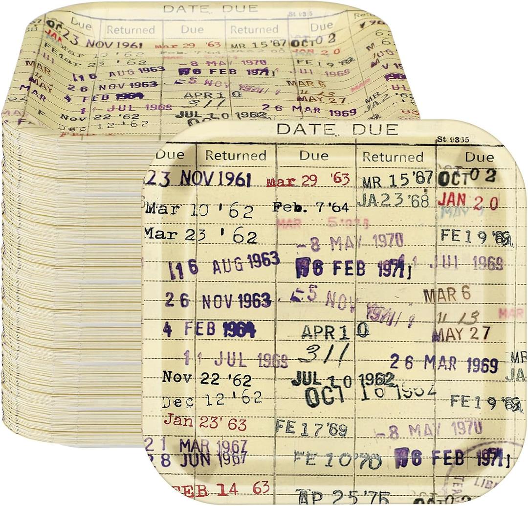 48 Pcs Due Date Card Book Club Vintage Plates Decoration Book Lover Gifts Back to School Disposable Dinner Dessert Paper Plates for Library Reading Themed Table Decoration Dinnerware Party Supplies