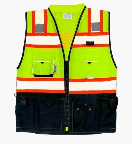 REXZUS (C Vest For Mens Black Series Safety Vest With Zipper and Utility Pockets Premium Black Series Surveyors Vest (Extra Large, Yellow/Black) XL