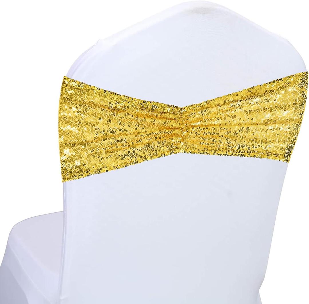 SquarePie Pack of 100 Sequin Chair Sashes Bows Gold Sparkly Sequin Chair Covers Bands for Wedding Party Banquet Home Decor