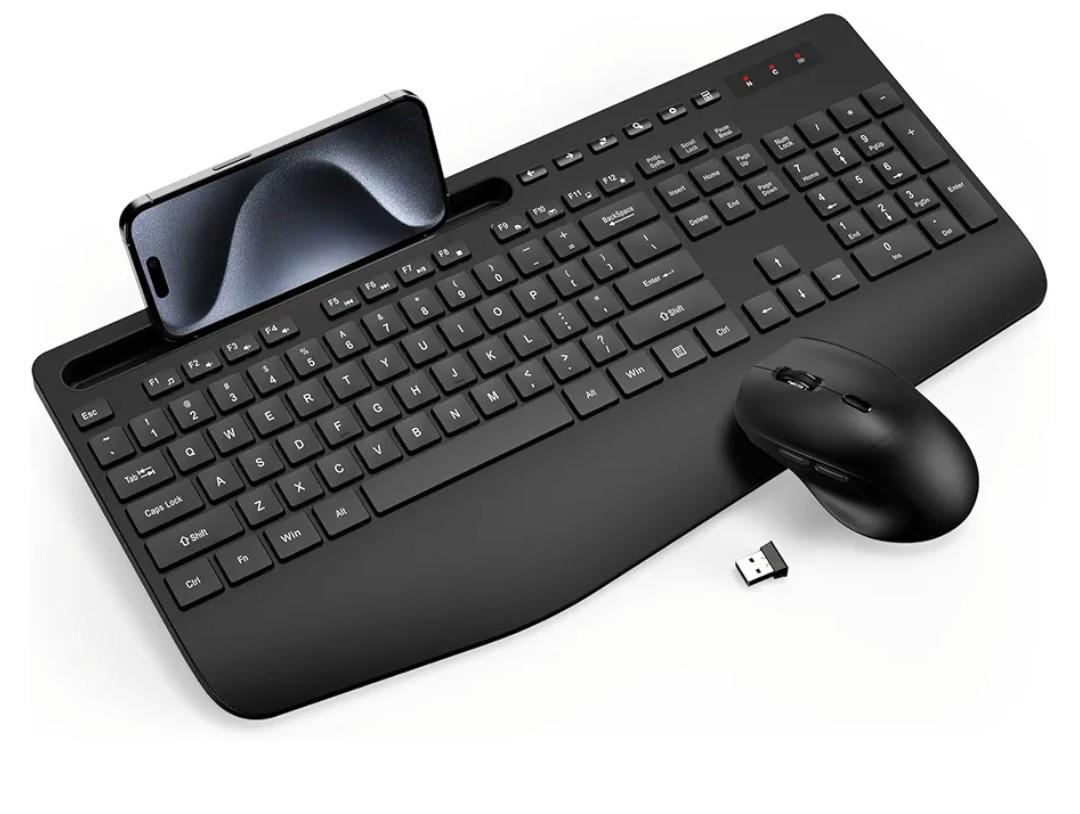 Wireless Keyboard and Mouse Combo - Full-Sized Ergonomic Keyboard with Wrist Rest, Phone Holder, Sleep Mode, 2.4G Quiet Keyboard for PC Laptop, Complete Work Setup for Office or Home -Trueque KM23