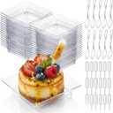 Mifoci 100 Set Mini Plastic Dessert Plates with Tasting Spoons and Pipettes, 2.5" Small Clear Disposable Square Appetizer Trays, Reusable Clear Plastic Mini Plates for Desserts Cake Fruit
