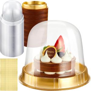 Individual Cupcake Boxes Clear Plastic Cupcake Containers Disposable Single Cupcake Holder with Lid Gold Tall Cake Carrier 4.3 Inch Diameter 4.2 Inch Height with Stickers for Wedding(100Pcs)