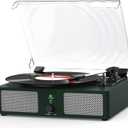 Vinyl Record Player with Built-in Speakers and USB,Belt-Driven Bluetooth Turntable with 3 Speed AUX Input Headphone Jack and RCA Output Vintage Wooden DarkGreen