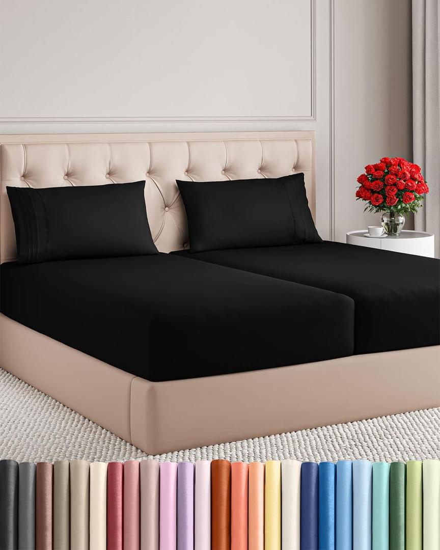 Split King Size 5 Piece Sheet Set - Comfy Breathable & Cooling Bed Sheets Set - Hotel Luxury Bedding for Women, Men, Kids, Teens, Boys & Girls - Deep Pockets, Soft and Wrinkle Free - Oeko-Tex - Black