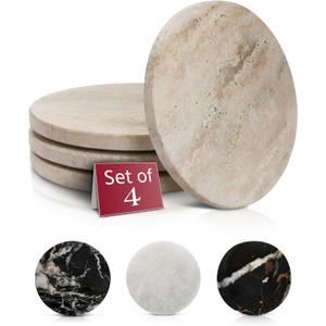 Gusto Nostro Beige Travertine Coasters - Absorbent Stone Coasters Set of 4 - High-end, Natural Stone Coaster for Drinks - Anti-slip Round Artisanal Travertine Coaster for Kitchen Counter, Coffee Table