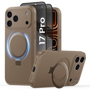 Magnetic for iPhone 17 Pro Case with 2X Privacy Screen Protector, Compatible with MagSafe, Integrated Camera Control, Premium Silicone Shockproof Protective Cover with Kickstand-Desert Brown