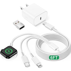 iWatch Charger for Apple Watch Charger, Multi Charging Cable 6FT&USB C iPhone Charger Block&USB to USB-C Adapter, 3-in-1 Travel Car Office Essentials Charger for i-Watch Series, iPhone 17/16/15/14/13