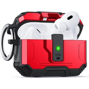 for AirPods Pro 2 Case Cover [Safety Lock] [Magnetic One-Click Open] [Military Shockproof Armor] Double Rugged Outdoor Wireless Charging Case for AirPods Pro 2nd Generation with Keychain, Red