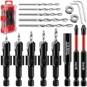 Adjustable Countersink Drill Bit Set with Depth Stop for Woodworking, 1/4 Hex Shank, 5 Sizes 2.5/2.8/3/3.2/3.5mm, Tungsten Carbide Cutting Edge, Spare Pilot Bits with Accessories