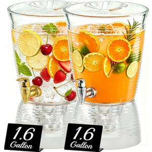 1.6 Gallon Drink Dispenser for Parties, 2 Pack Plastic Beverage Container with Stand for Counter Tops, for Tea,Drinks, Juice, Punch & Water Party Hosting