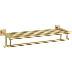 Bathroom Towel Shelf with Holder, Angle Simple SUS304 Stainless Steel Bath Towel Rack with Double Towel Bar, Wall Mount, Brushed Gold 23.62 Inches