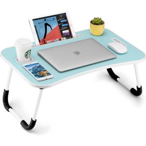 FISYOD Foldable Laptop Table, Portable Lap Desk Bed Table Tray, Laptop Stand with Cup Holder & Tablet Slot & Lifting Handle for Working Writing Drawing & Eating (Blue)