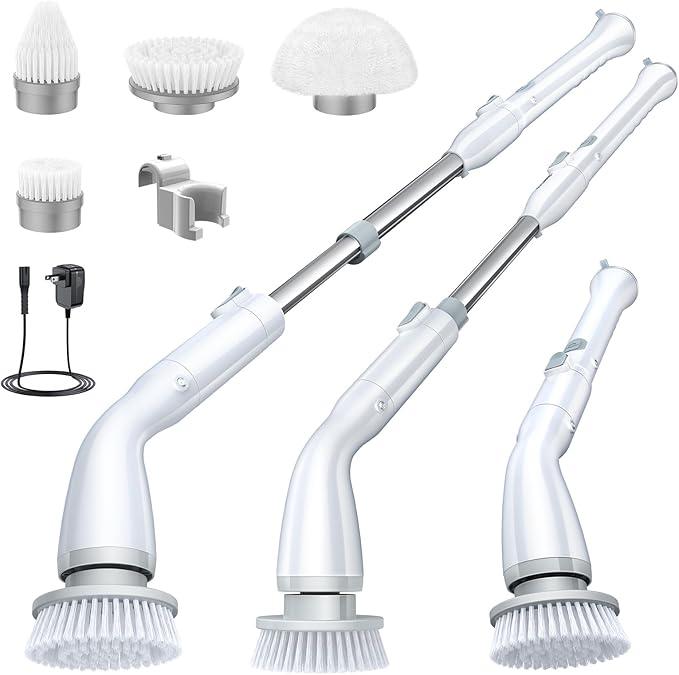 ALPONI Electric Spin Scrubber LA1 Pro, Cordless Spin Scrubber with 4 Replaceable Brush Heads and Adjustable Extension Handle, Power Cleaning Brush for Bathroom Floor Tile (White)