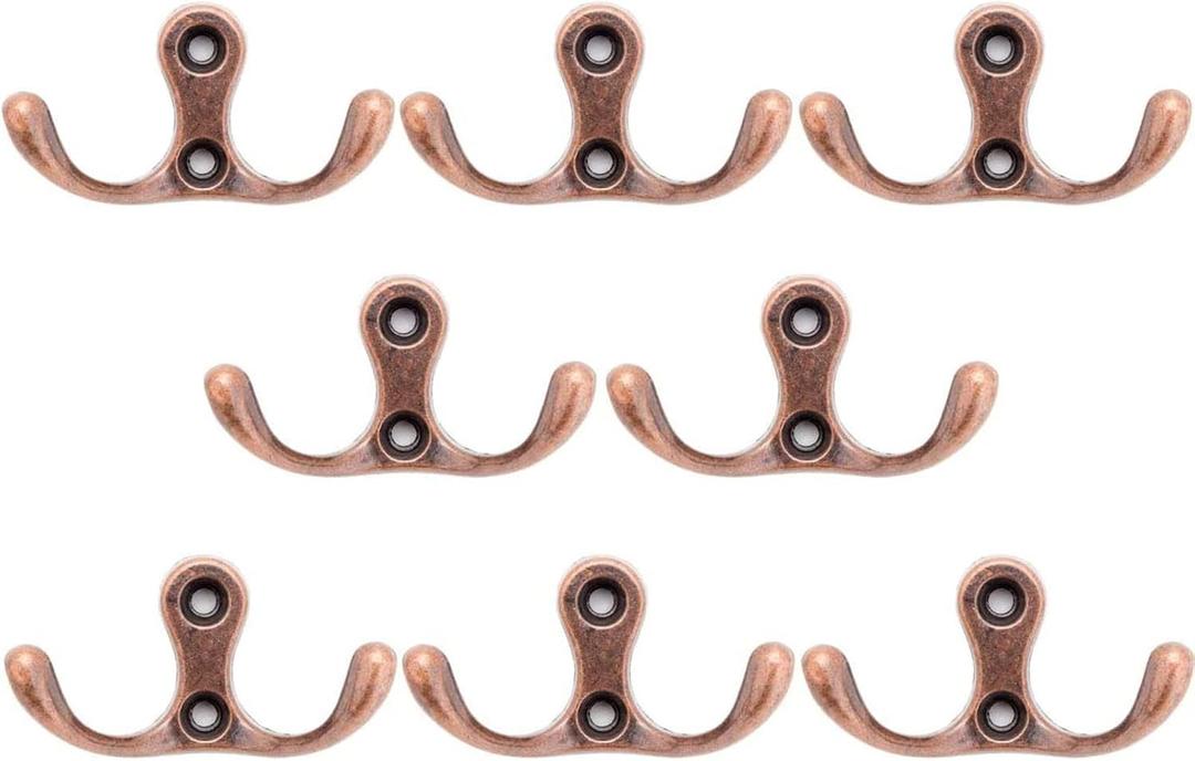 Coat Hook Coat Rack,Double Prong Metal Towel Hook Wall Hook for Hanging Clothes,Pants,Purse,Robe,Towel,Belt,Tie,Key,Mug,Cup,Wreath,Heavy Duty Rustic Bathroom Hanging Hooks,8Pcs (Red Copper)