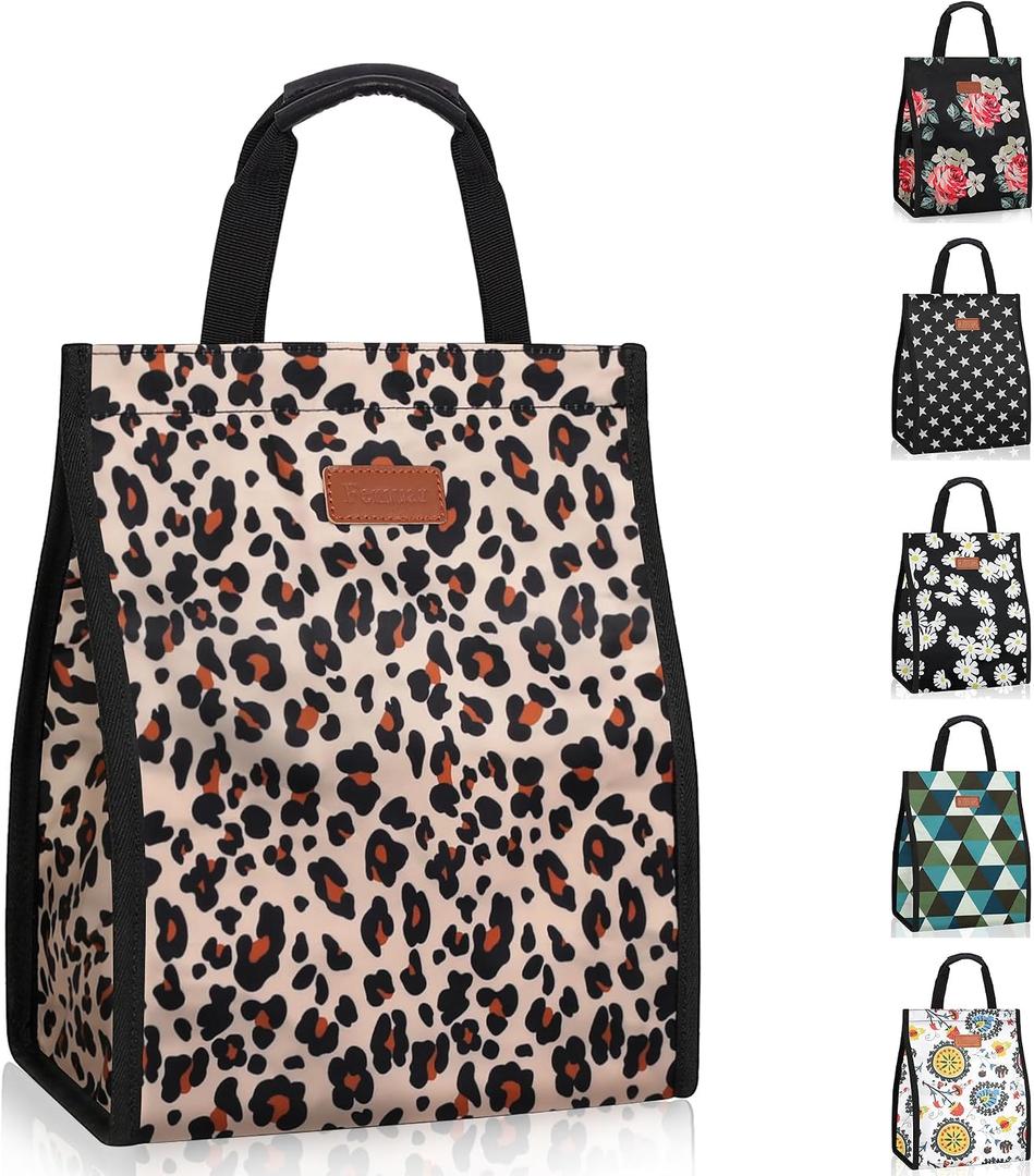 Lunch Bags for Women Insulated Reusable Lunch Tote with Internal Pocket, Lunch Tote Bag For Work (Leopard)