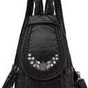 Mini Backpack for Women, Soft Washed PU Leather Small Backpack Purse for Women, Waterproof Fashion Shoulder Bag, Ladies Travel Black Rucksack Handbags Bags with Beautiful Flower Pattern