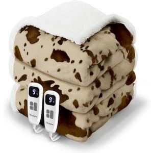 Cow Print Electric Heated Blanket Queen-Dual Control Heating Blanket Queen Size with 10 Heat Levels & 10 Hours Auto-Off, Cozy Soft Fleece Sherpa, Washable, 84x90 Inche Cow Print Apricot (05 - Apricot Ombre-khaki)