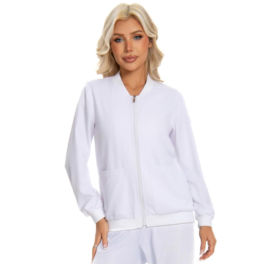 Scrub Jackets for Woman, Zip Front Nurse Jacket, 4-Way Stretch Fabric with Four Pockets Large