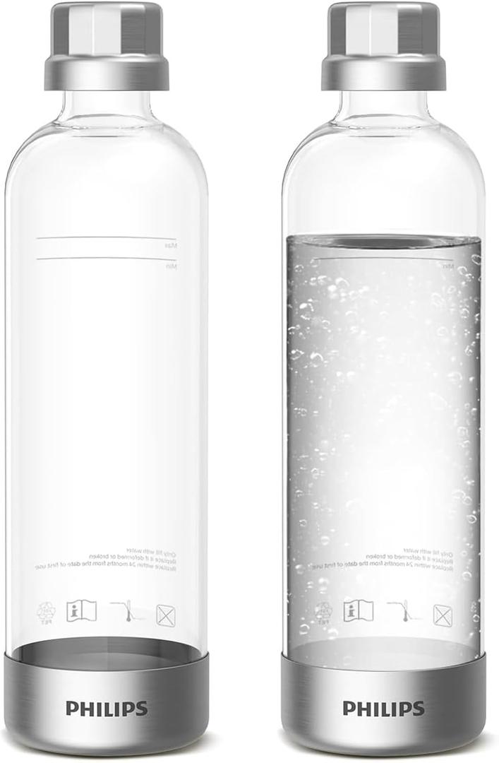 PHILIPS Carbonating Bottles ADD916/37, 1L Twin Pack Reusable PET Sparkling Water Bottles Compatible Sparkling Water Maker, 2 Pack for ADD4902BKOQ/37, ADD4902WHOQ/37 and ADD4901GROQ/37, ADD4901BKOQ/37 (Bottles-Metal-Silver)