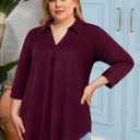 Amrto Womens Plus Size Shirts Collar Tops 3/4 Sleeve V Neck Blouse Loose Fit Soft Casual Business(XL) (Red)
