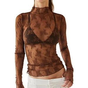Ugerlov Women's Long Sleeve Mesh Top Mock Neck Sheer Blouse See Through Floral Lace Tops, M