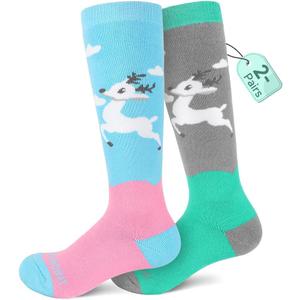 findway Kids Ski Socks, 2 Pairs Thermal Thick Warm Winter Cozy Socks for Skiing Snowboarding Boys Girls (Medium, 2 Paris-green+blue-m)