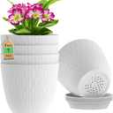 7 inch Plant Pots, 5 Pack Flower Pots with Drainage Holes and Saucers for Indoor Plants, Plastic Planters with Water Ripple for Small Garden House Plants, Nursery Pots for Succulent, White