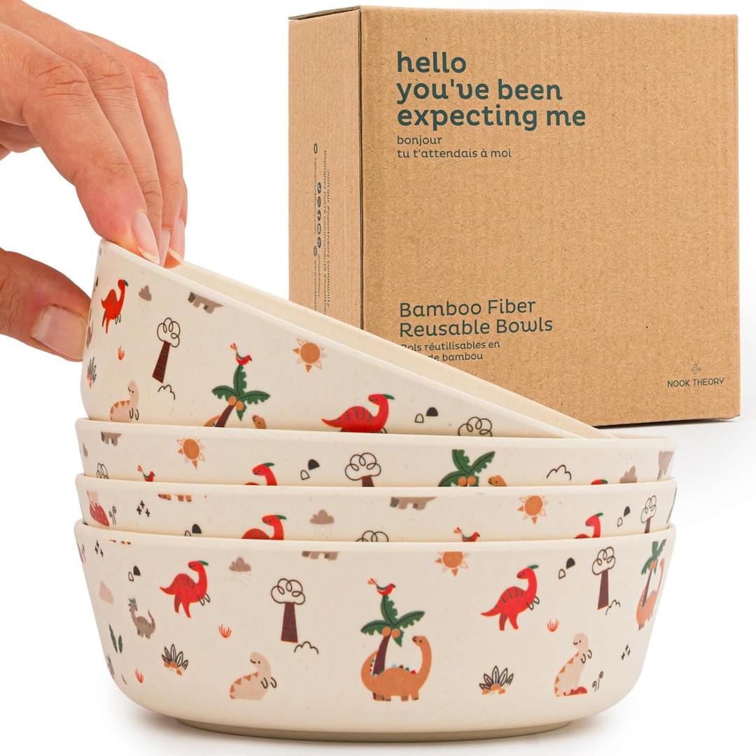 Nook Theory 4 Pack Bamboo Bowls - 18 Oz Reusable Toddler and Kids Bowl, Dishwasher Safe - Not Microwavable Bamboo Dishes (Dino)