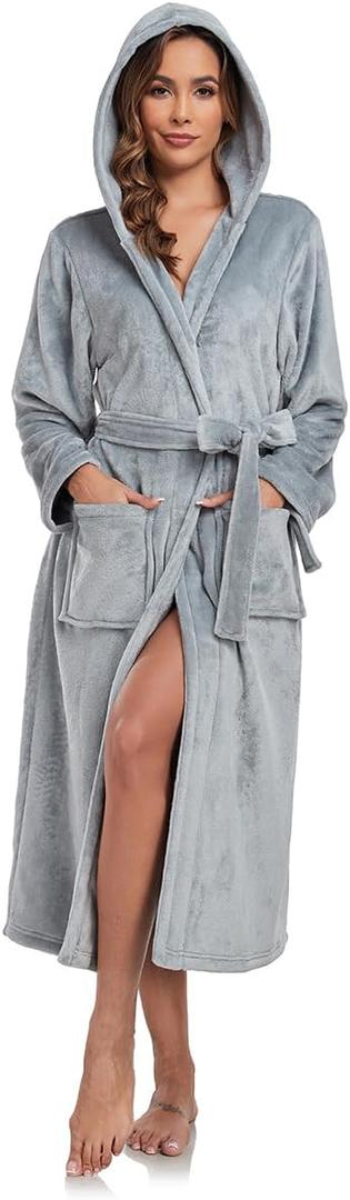 RONGTAI Womens Robes Plush Fleece Hooded Bathrobe Thick Nightgown with Pockets Fluffy Sleepwear (XX-Large, Gray)